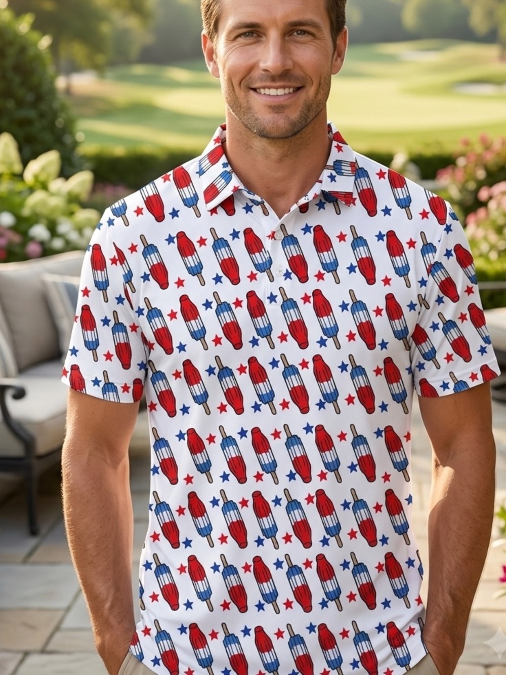 Men' Rocket Print Polo Shirt - White with Red & Blue